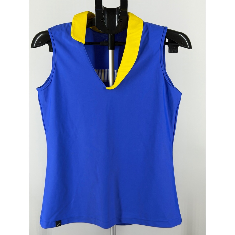 Swingdish Womens Sleeveless Golf Polo Shirt Blue Yellow V-Neck Pleated Back‎ M